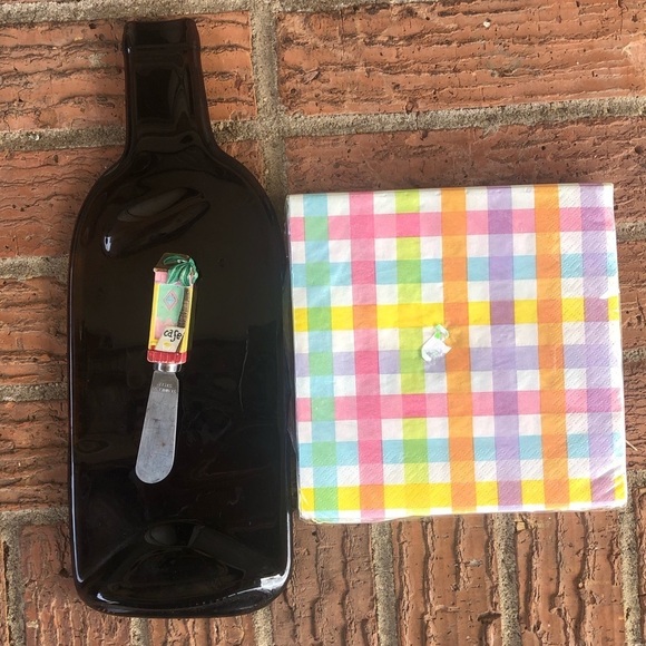 Melted Recycled Amber Glass Wine Bottle Cheese Tray Tropical Spreader & Napkins - Picture 3 of 7